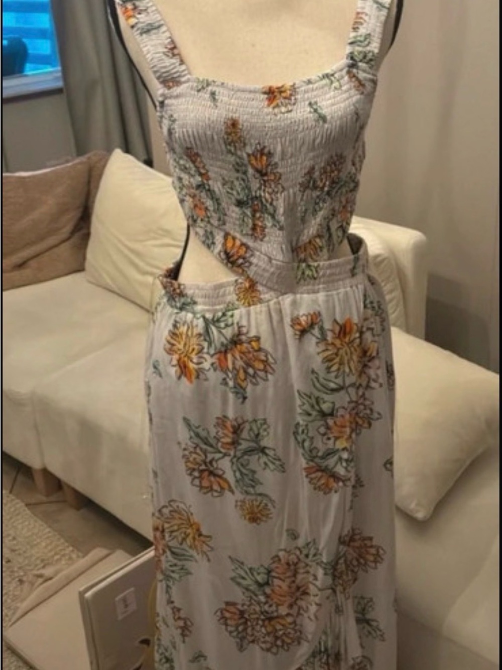 Floral Cutout Smocked Maxi Dress — White with Yellow & Green Floral Print